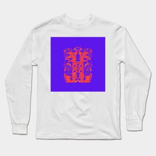 Traditional Chinese Paper Cutting Pattern - Hong Kong Retro Deep Purple with Red Symbol Long Sleeve T-Shirt